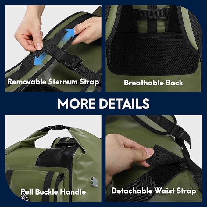 Haimont Dry Waterproof Roll Top Backpack Marine Dry Bag River Pack with Waist Belt Camping Surfing 60L Army Green/Black