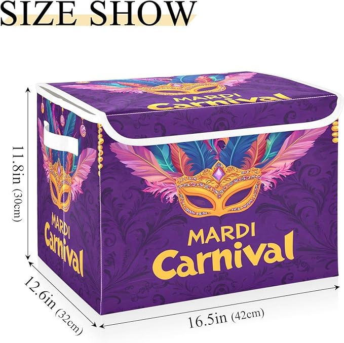 Storage Baskets with Lids Mardi Gras Carnival Mask Collapsible Bins Stackable Fabric Linen Baskets Closet Organizer Container 16.5x12.6x11.8