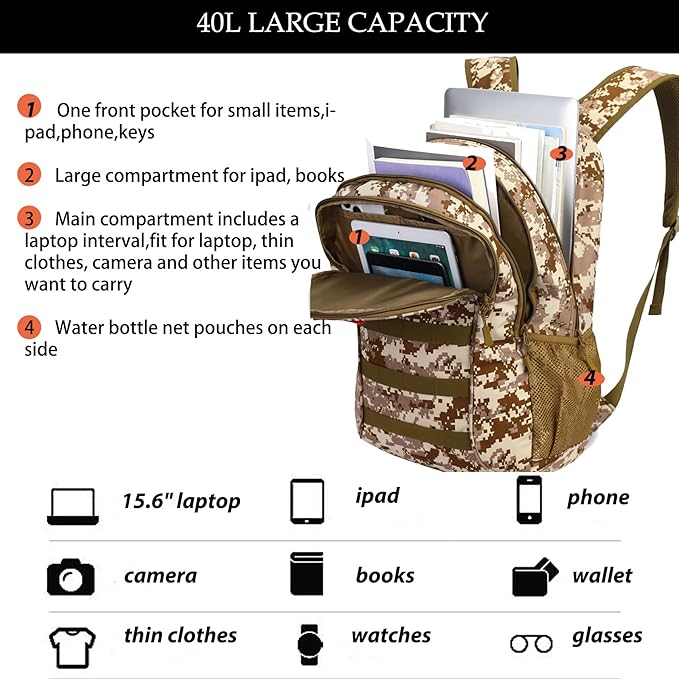 Camo BackpackBoys Backpack for Scool Military40L Army Bookbag Waterproof for Middle Elementary