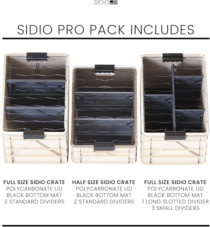 SIDIO Crate Pro Pack - 2 Full-Size &amp 1 Half-Size Heavy Duty Stackable Storage Bins Totes and Containers with Lids and Dividers - Durable Organizer for Home Office Garage and Outdoor Use