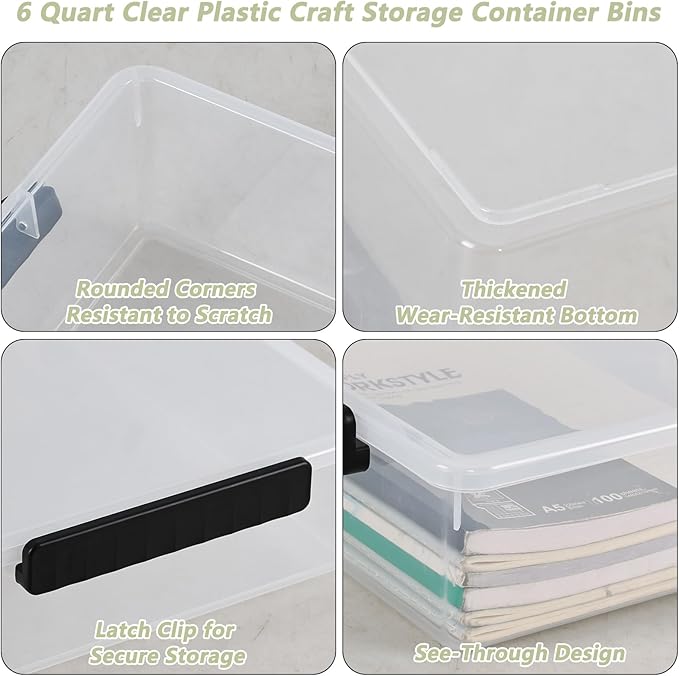 Morcte 6 Qt Clear Plastic Storage Bins with Lids Plastic Stackable Storage Container with Latch Lids Arts or Crafts Supplies Storage Containers for Home Office 4 Pack