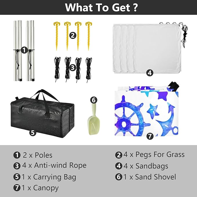 xigua Nautical Elements Beach Tent Sun Shelter with Carrying Bag - Silver Coated Oxford Fabric Beach Canopy for Beach Camping Fishing - Includes Windproof Ropes Sandbags &amp Stakes