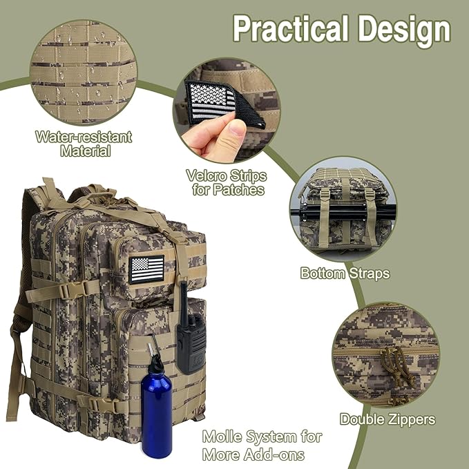 WOLT Military Tactical Backpack for Men 45L Molle Backpack 3 Day Assault Pack Bug Out Bag Heavy Duty Rucksack for Hiking Gym Camouflage Khaki