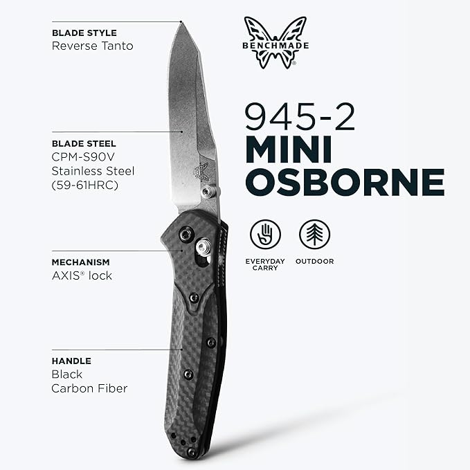 Benchmade - Mini Osborne Every Day Outdoor Folding Knife Reverse Tanto Blade with Black Carbon Fiber Handle (945-2)
