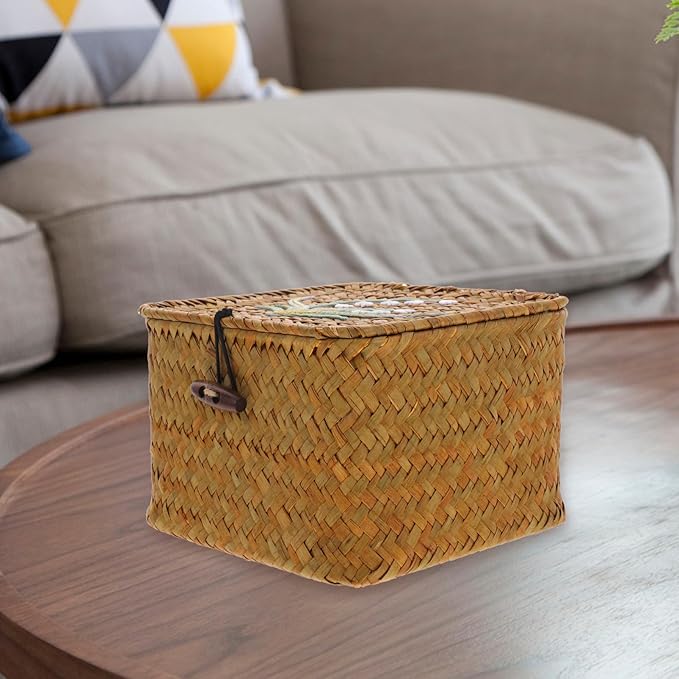 Hand Woven Lidded Storage Basket Woven Basket for Home Desktop Organizer Rattan Box