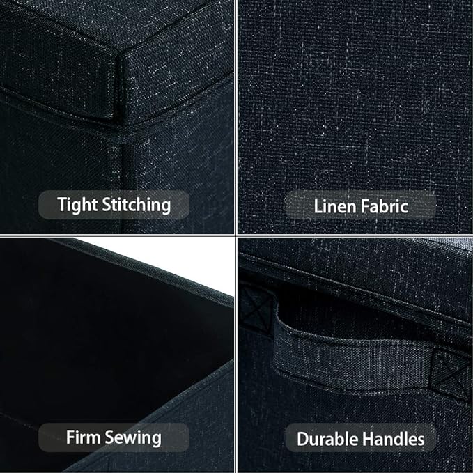 HOONEX Linen Foldable Storage Bins with Lids 2 Pack Storage Boxes with Carrying Handles and Sturdy Heavy Cardboard 16.5 L x 11.8 W x 7.5 H for Shoes Books Clothes Nursery Dark Grey