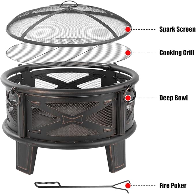 Breezz 26 Inch Wood Burning Fire Pit with Cooking Grill and Spark Screen Outdoor Metal Round Firepit for Patio Backyard Bonfire Party Camping