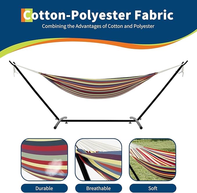 2-Person Hammock with Stand for OutsidePortable Heavy Duty Hammock with Space Saving Steel Stand450lb Capacity for GardenBackyard or Patio.