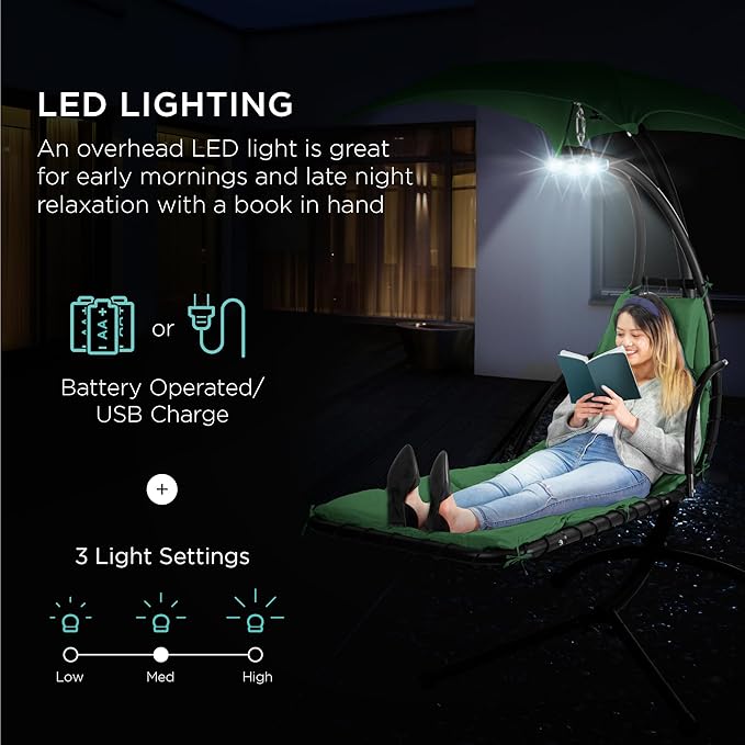 Best Choice Products Hanging LED-Lit Curved Chaise Lounge Chair Swing for Backyard Patio Lawn w/ 3 Light Settings Weather-Resistant Pillow Removable Canopy Shade Steel Stand - Green