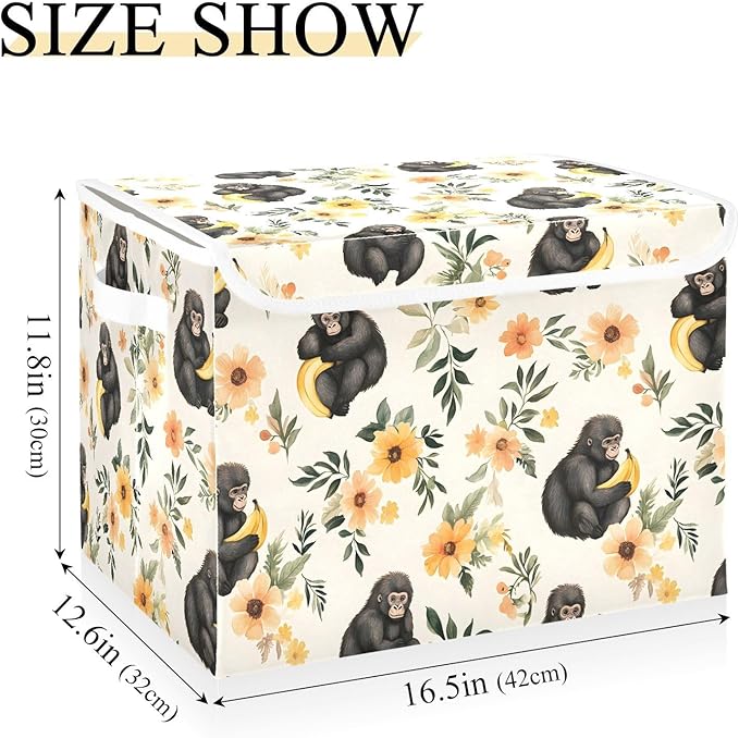 Gorilla Floral Storage Cube Bins Basket with Lid Collapsible Flip-top Fabric with Handle for Home Bedroom Closet Office 16.5×12.6×11.8 in