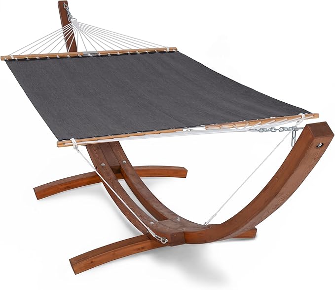 SUNCREAT Quick Dry Hammocks Standing Backyard Hammock with Stand 2 Person Heavy Duty Poolside Hammock with 13.5 ft Wooden Stand Dark Gray