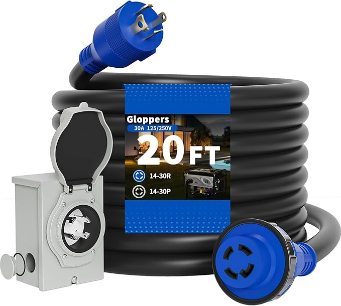 30 Amp Generator Cord and Power Inlet Box 20FT 125V/250V 4 Prong SJTW Generator Extension Cord Pre-Drilled 30 Amp Inlet Box Interlock Kit NEMA L14-30P to L14-30R Twist Locking ETL Listed