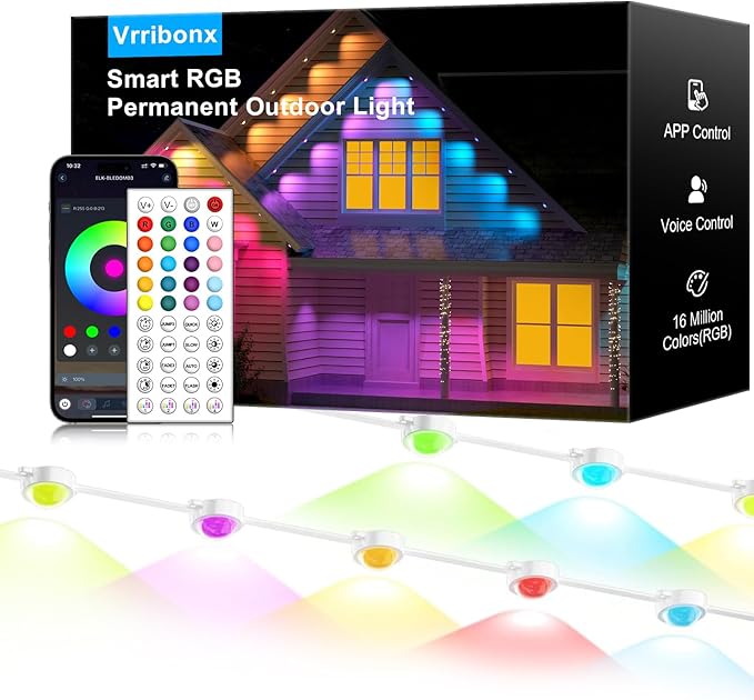 150FT Permanent Outdoor RGB Lights - IP65 Waterproof with Smart App Control Remote DIY Scene Modes Music Synchronization Eaves Lights For Garden Decor Deck Christmas Party Party HalloweenRoof