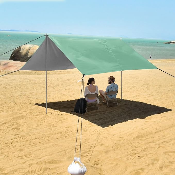 Sage Green Solid Color Pure Plain Foldable Beach Cabana UPF50+ Waterproof Portable Sun Shelter with Sandbags and Shovel for Family Trips Picnics &amp Camping