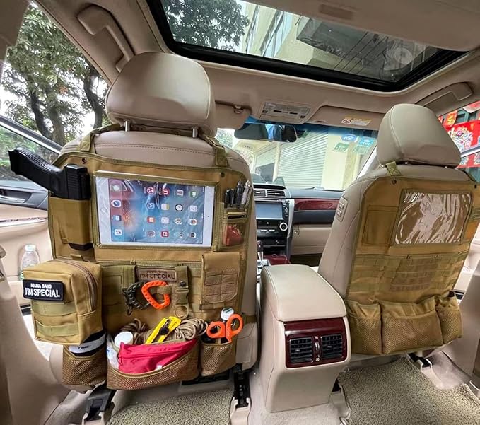 Upgrade Tactical Seat Back Organizer Molle Car Seat Organizer with 4 Detachable Pouches: Trauma Medical Pouch Water Bottle Pouch Vehicle Protector Organizers (Modern B TAN)