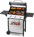 3-Burner Propane Gas Grill with Stainless Steel Cabinet - Outdoor BBQ Grill Side Table Knob Controls Cast Iron Grates &amp Thermometer