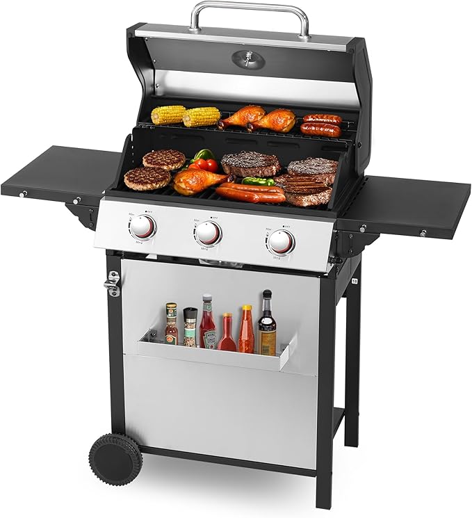 3-Burner Propane Gas Grill with Stainless Steel Cabinet - Outdoor BBQ Grill Side Table Knob Controls Cast Iron Grates &amp Thermometer