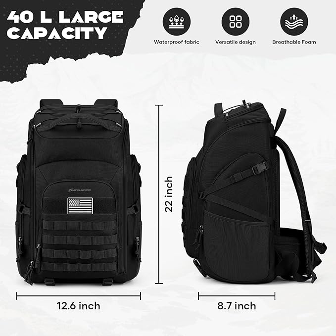 Maelstrom Tactical Backpack for Men Water Resistant 40L Military Backpack for Hiking Camping Gym with Molle System (Black)