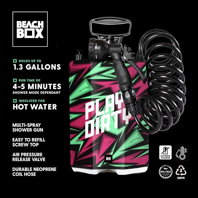 BeachBox Portable Shower Tank – Insulated Hot &amp Cold Water Tank for Camping Beach &amp Outdoor Adventures – 1.3 Gal Capacity – Multi-Spray Shower Gun – Easy Fill &amp Carry