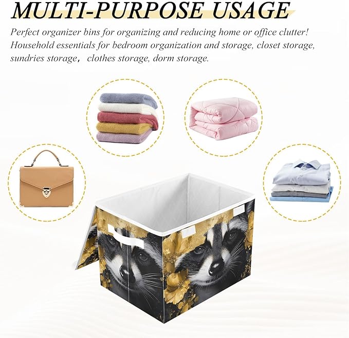 AIXIWAWA Lidded Storage Cube (Gold Floral Raccoon) Fabric Foldable Closet Bins with Flip Lid and Handles Organizer Basket Container 16.5 x 12.6 x 11.8 IN