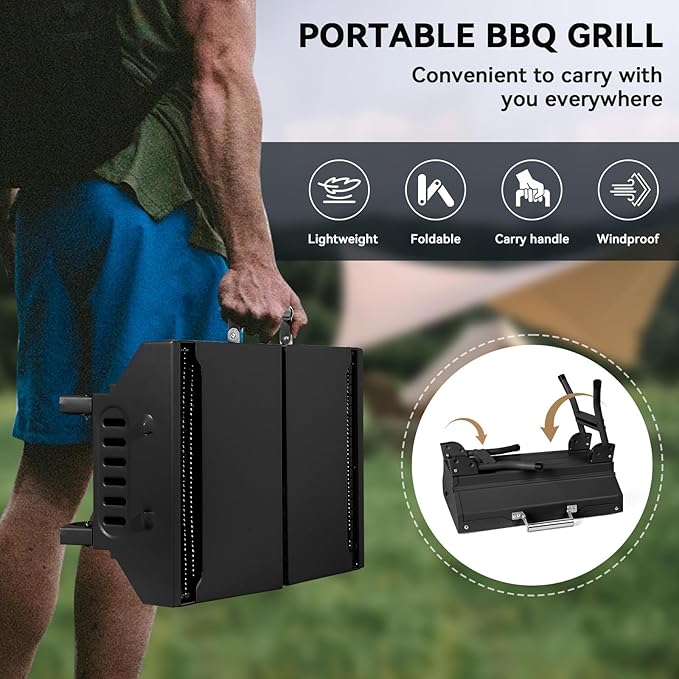 Portable Charcoal Grill Foldable Grills BBQ Grill Charcoal Small Grill for Travel Camping Outdoor Cooking Backyard Hiking Patio Garden Picnics Black