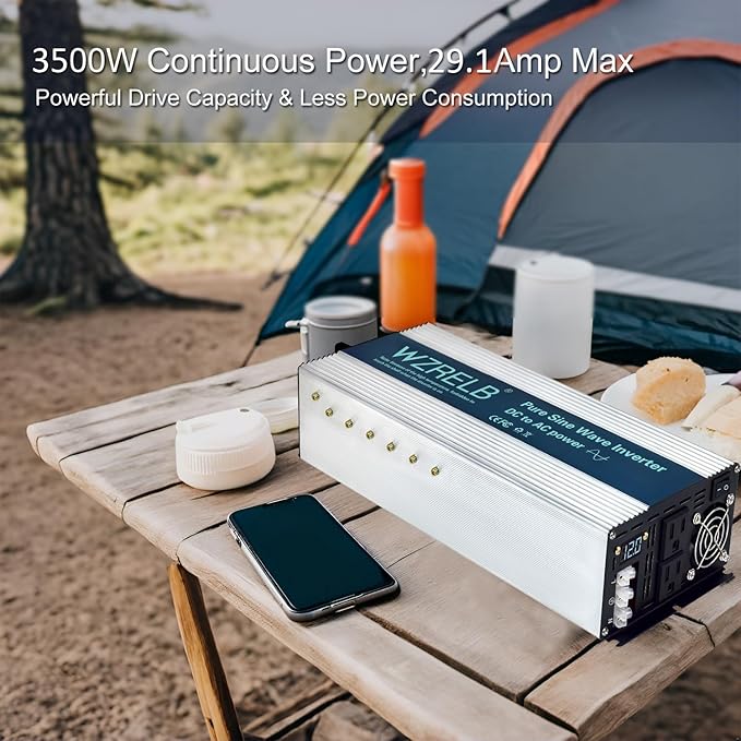 WZRELB 3500W Pure Sine Wave Inverter Car Power Inverter 12V DC to 110V 120V AC Converter for RV Truck Solar Outdoor with Dual AC Outlets Hardwire Port Surge 7000W LED DisplayOff-Grid