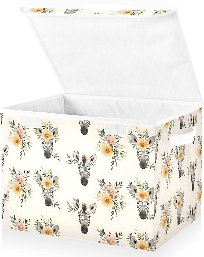 Storage Cube with Lid Zebra Flowers Print 16.5×12.6×11.8 IN 1 Pack Collapsible Large Capacity Foldable Storage Basket Bin Organizer