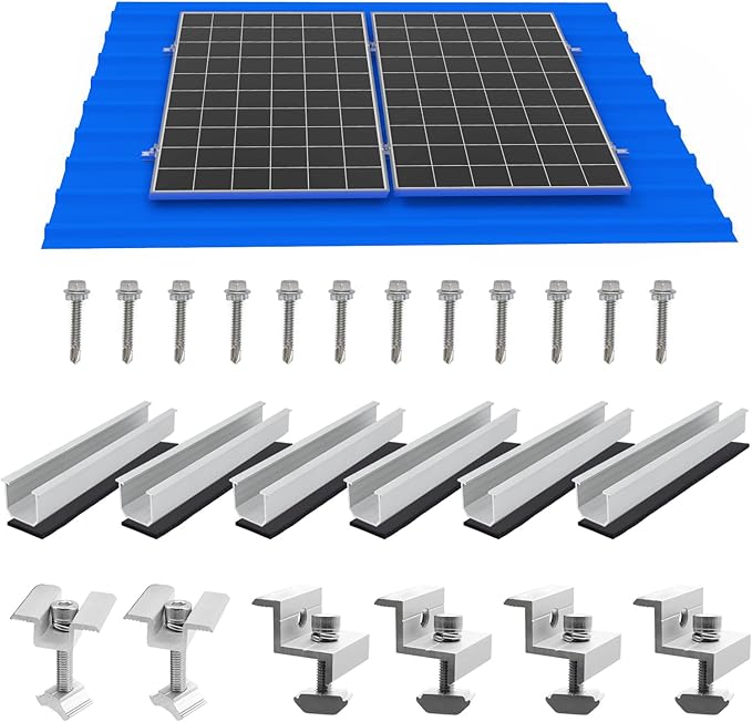 Solar Panel Mounting Brackets Roof Mount Kit Rails and Clamps Included for Thickness 1.18”-1.38”2pcs in A Row Assembly on Tin Flat and Sheet Rooftop Aluminum Alloy