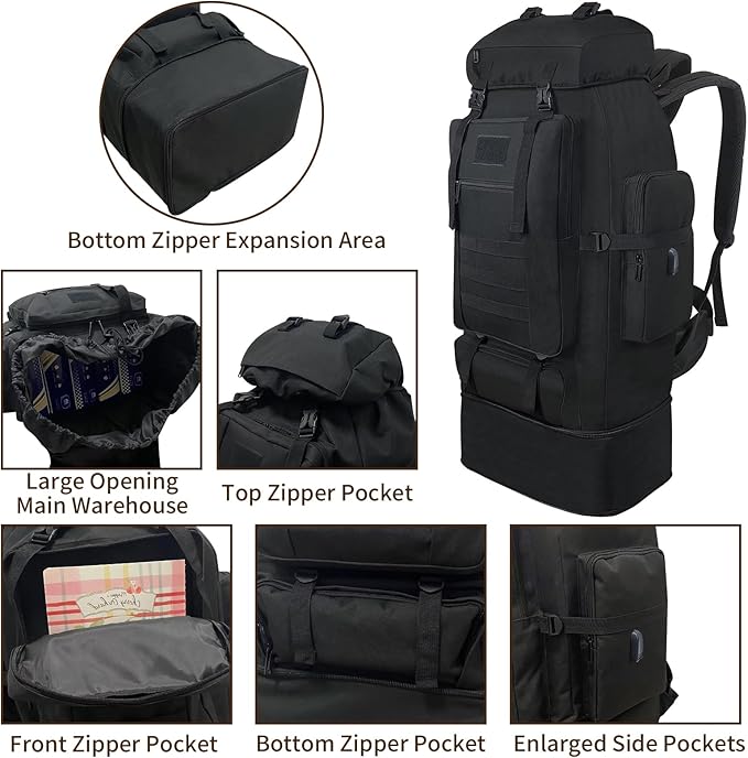 70L/100L Hiking Backpack with USB Charging Port Expandable Large Military Tactical Backpack Waterproof MOLLE Rucksack Travel Backpacking Daypack for Camping Climbing (Black)