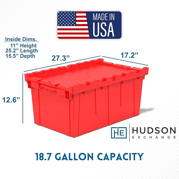 Hudson Exchange 27.3 x 17.2 x 12.6 (3 Pack) Storage Tote Distribution Container with Hinged Attached Lid Red