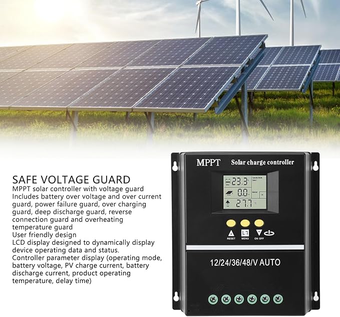 MPPT Solar Controller 12V/24V/36V/48V Auto60A 80A 100A 200ALCD Display7 Working Modes Multifunctional Max100V Input Dual USB 5V Charging Ports Battery with Seal Gel Flooded LifePO4