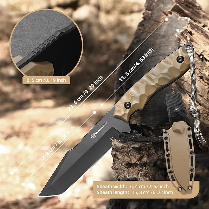 DRACHENADER B-ER-TANTO POINT Fixed Blade Tanto Knife with Sheath 5cr14mov Steel 9.29 Tactical Knife for Men with Full Tang Design Khaki
