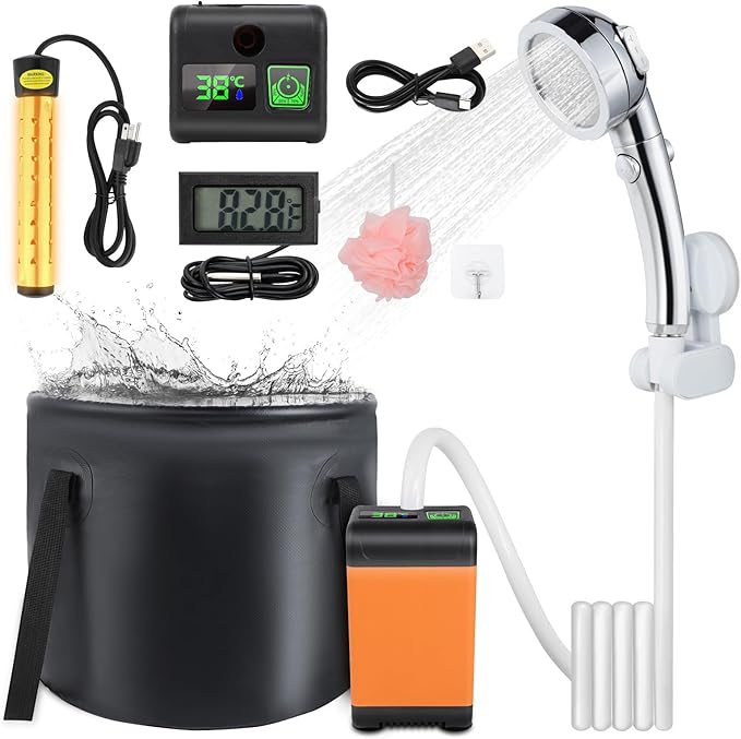 Portable Camping Shower 7800mAh Rechargeable Outdoor Shower Kit with Heater Intelligent LED Display IPX8 Waterproof Portable Shower for Camping Outdoor Travel Car Washing Pet Bathing