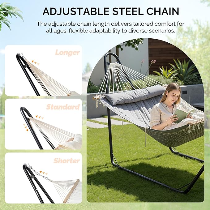 ONCLOUD Hammock with Stand for Outsides Heavy Duty Adjustable Double Hammock Set All-in-one Use Hammock with Stand for Outdoors Patio Garden Yard 550 LBS (Grey Set)