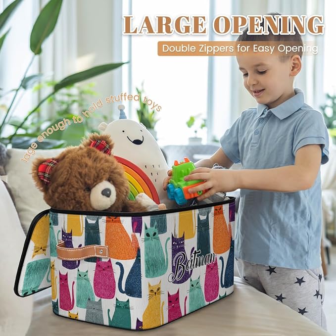 Storage-Bins with Lids Handle Customized Stackable-Storage-Bin for Kids-Boys-Girls-Toys Cube Collapsibl Basket Cats