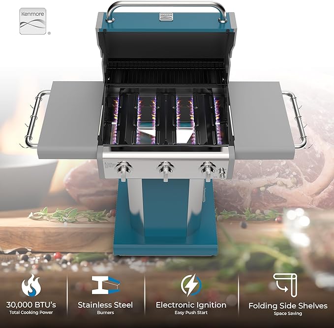 Kenmore 3-Burner Propane BBQ Grill 30000 BTUs Gas Grill with Cast Iron Cooking Grates Folding Side Tables &amp Wheels Outdoor Grill with Tool Hooks Teal