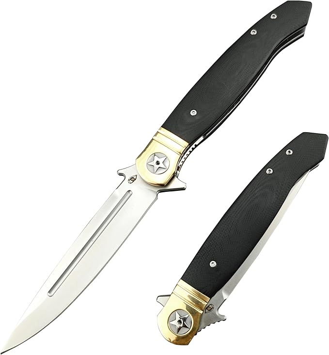 10 Large Finka-NKVD Flipper Opening Pocket KnifeFolding Knives with Clip and Liner Lock440C Blade and Brown G10 HandleEDC Tool for CampingHikingFishing (Black)