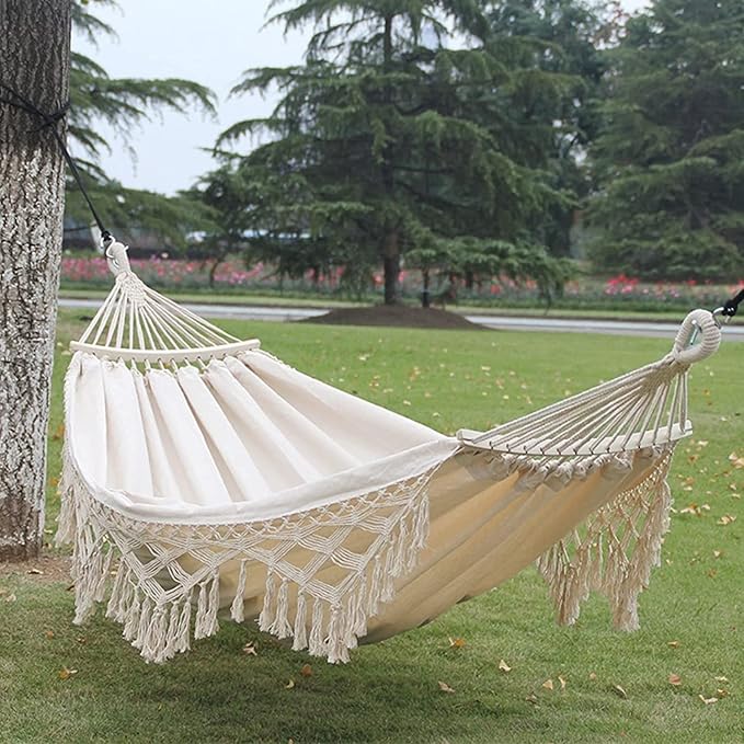 Camping Hammock Brazilian Tassels with Fringe Crochet Cotton Linen Double Hammock for Outdoor Indoor Garden Patio Porch Yard Included Carrying Bag