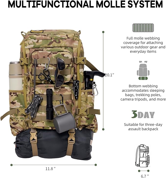 Timeet Tactical Backpack 45L for Men Military Backpack 3 Day Assault Pack with U-Shaped Wide Opening Water-Resistant Hiking Backpack for Travel Camping Survival Molle System (Camouflage 20 Inch)