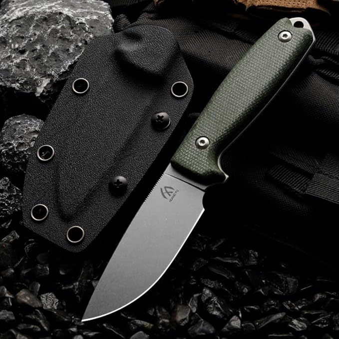 HUANG FU Fixed Blade Knife 7.08 Inches Total Length Double Edge High-Carbon Steel Tactical Survival Knife with K-Sheath (Green handle)