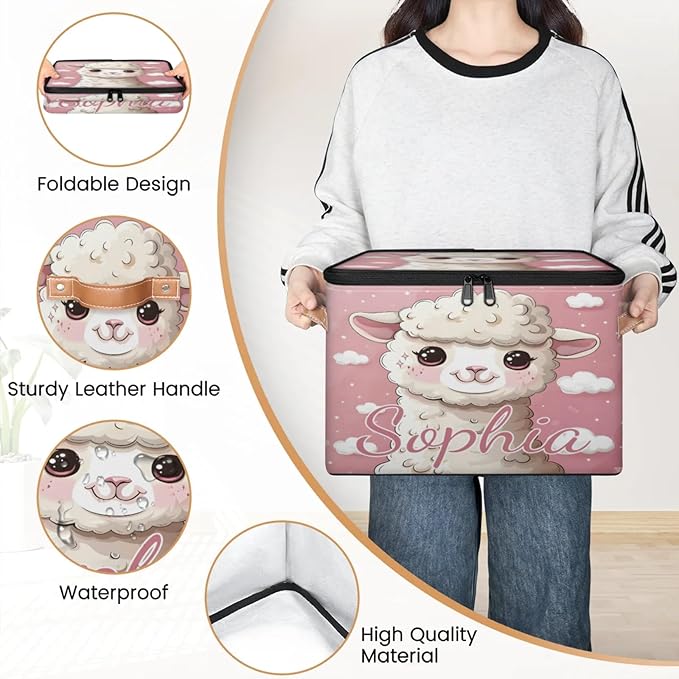 Custom Storage Basket with Name Personalized Storage Bins with Zipper Lid Foldable Fabric Storage Box Large capacity with Handle Cloud Sheep
