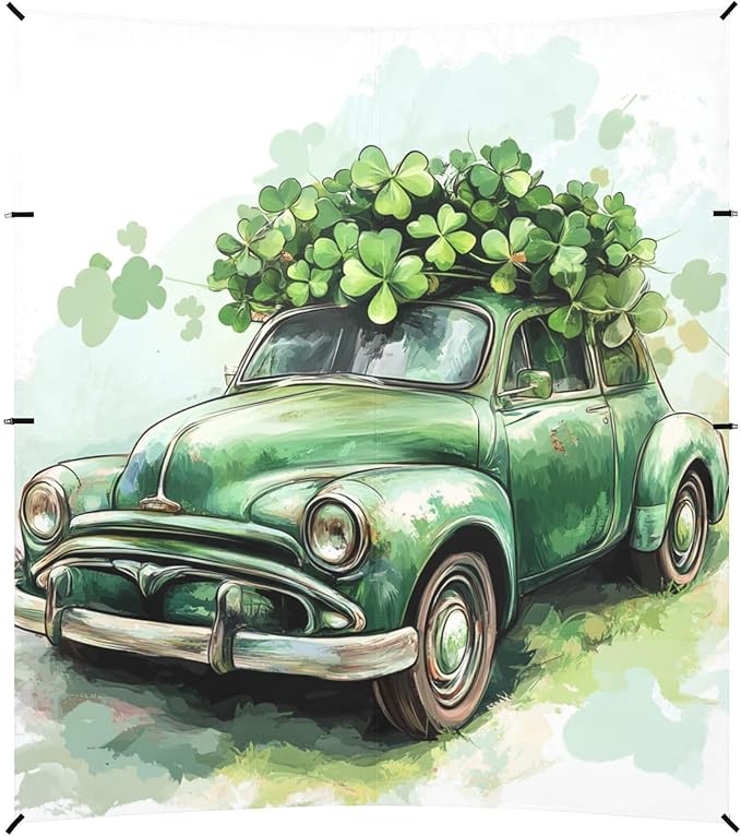 ALAZA Stst. Patrick's Day Green Retro Car Carries Clover Leaves Beach Tent Sun Shelter Portable Canopy Sunshade for Outdoor Camping Picnics Backyard Fun 10x9 ft