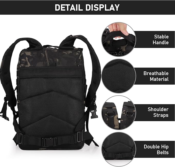 ShowyLive 3P Tactical Backpack Military Rucksack - 45L Large Hiking Backpack Waterproof Durable Camping Backpack for Men Women Travel Outdoor Sports Bug Out Bag (Black CP)