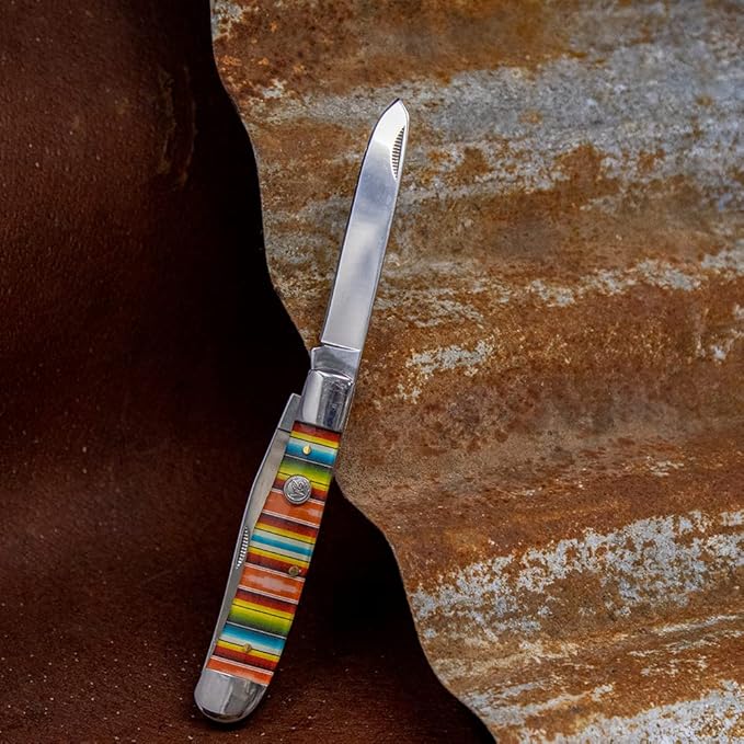WHISKEY BENT HAT CO. Traditional Trapper Folding Pocket Knife 4.125 Closed Length 440C Stainless Steel Blades (Serape Sunrise)