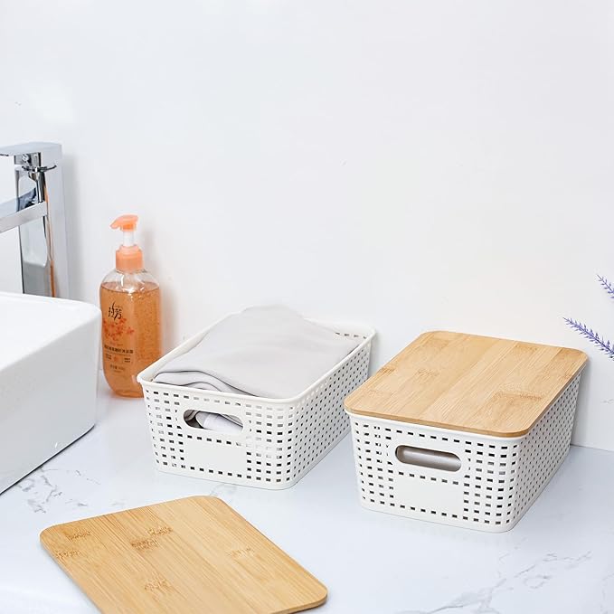 PENGKE Plastic Storage Bins With Lid Stackable Organizing Container Woven Lidded Storage Organizer Baskets for Shelves Drawers Desktop Closet Playroom Classroom Office6 Pack