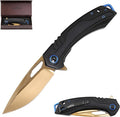 Unique Valentine‘s Gift Gold Blade Pocket Knife 3.3” Gold D2 Steel Black Aluminum &amp G10 Handle Fast-Open Thumb Hole Gift Case