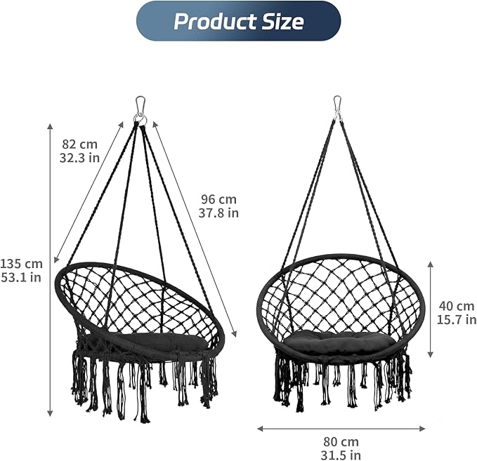 Hanging Swinging Chair Macrame Hammock Hanging Swinging Chairs with Soft Cushions and Hardware Accessories Hanging Chair for Indoor and Outdoor Use 3 Installation Methods Beige (1 Black)