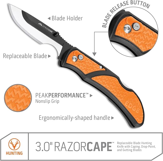 OUTDOOR EDGE 3 RazorCape Pocket Knife with Replaceable Blades and Clip. The Perfect Folding Compact Hunting Knife for Caping &amp Skinning Deer. (Orange)