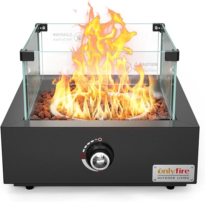 ONLYFIRE OUTDOOR LIVING 15.7 Portable Propane Gas Fire Pit Side-Mounted Modern Tabletop Fireplace Smokeless Firepit with Glass Wind Guard for Patio Camping RV Tailgating 23000BTU Squre FP040