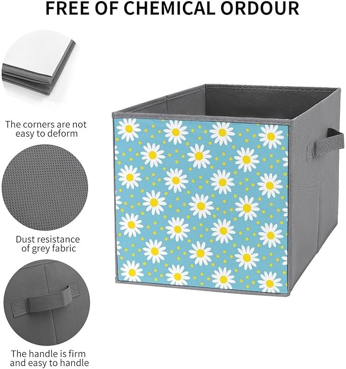 Practical Folding Storage Bins Daisy Flowers Sturdy Container for Wardrobe Kitchen Simplistic Storage Solution
